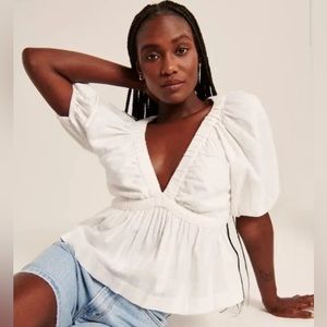 NWT Abercrombie Short-Sleeve Linen-Blend Plunge Top | white | size XL